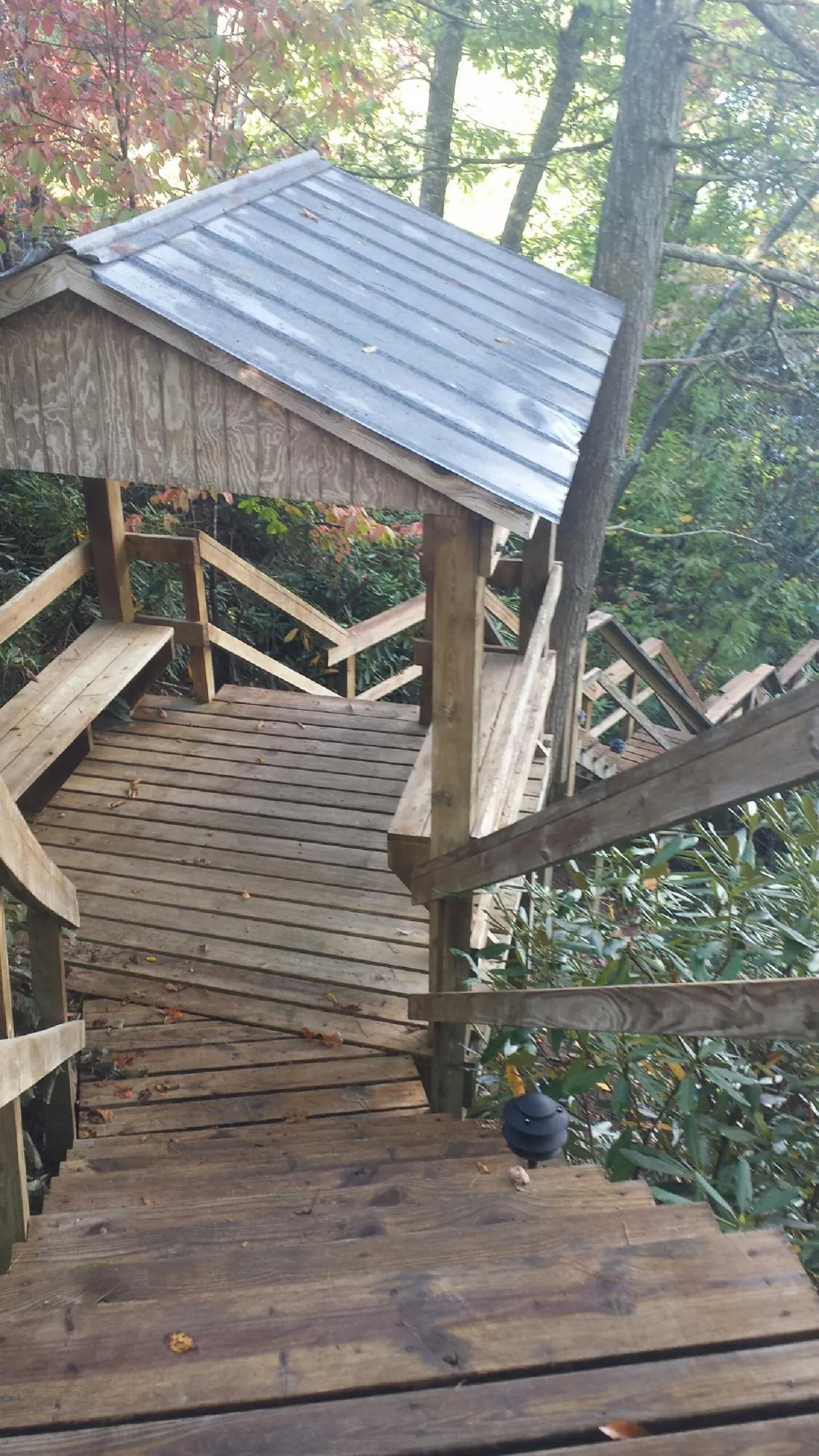 Metal roofed shelter over wooden steps on a wooded walkway — Skylight Repair & Installation work by our crew in Jessieville